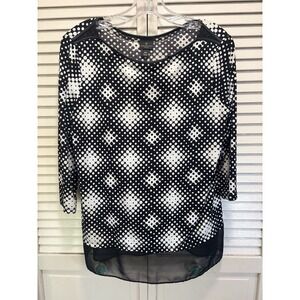 Worthington Geo Print 3/4 Casual Sleeve Chiffon Hem Blouse Size PM Blk/White